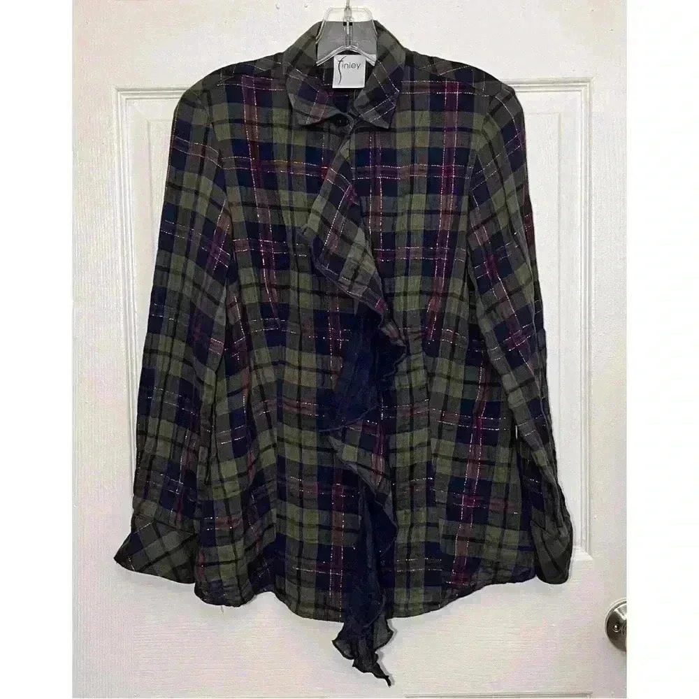 FINLEY Plaid Ruffle Button Down with Gold Thread | size small